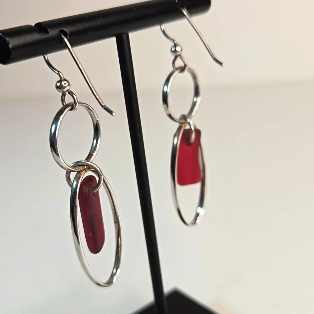 Silver & Sea Glass Elegant Drop Earrings Big Sur Dark Pink NWT